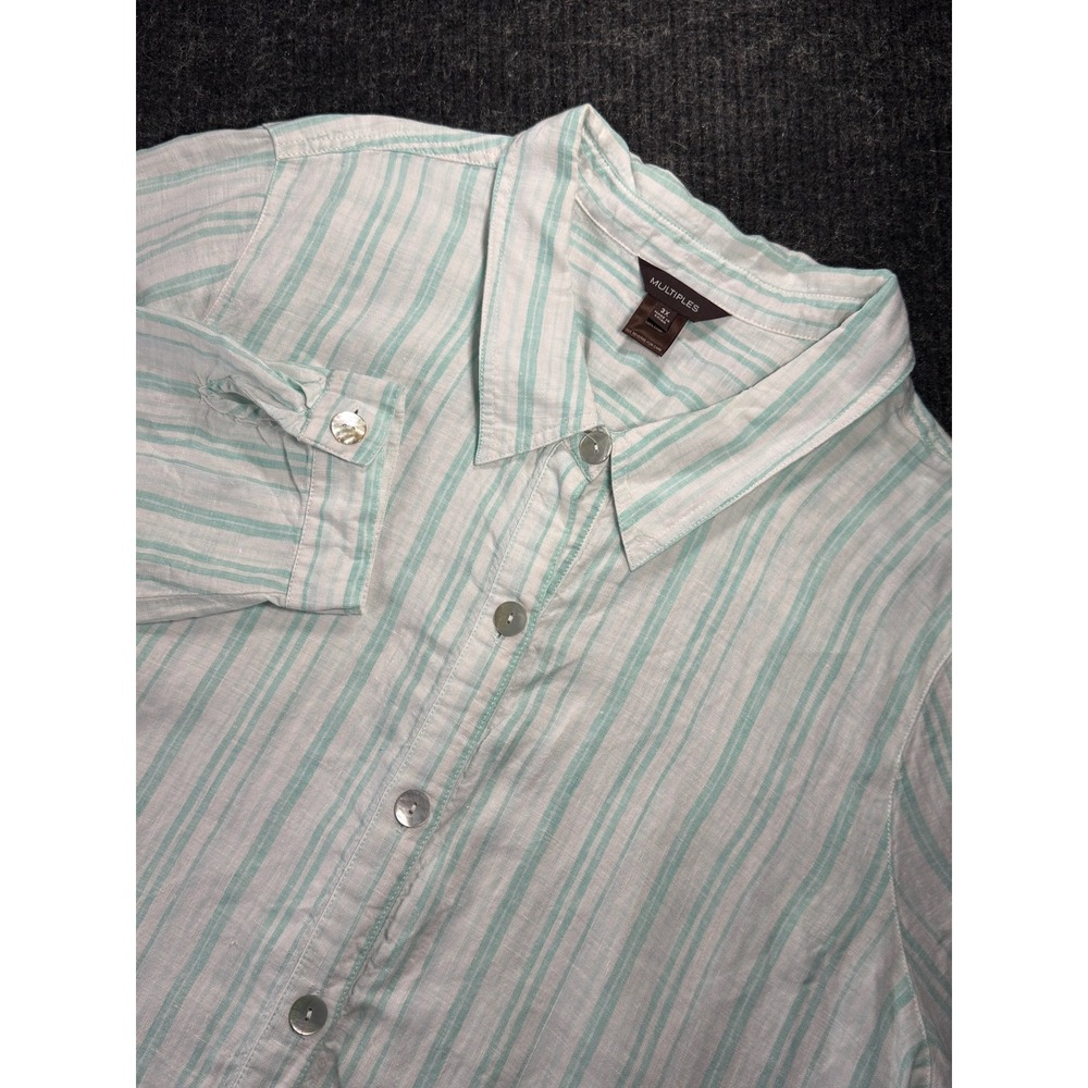 Multiples Womens 3X Linen Button Down Shirt Mint Green White Striped Roll Tab